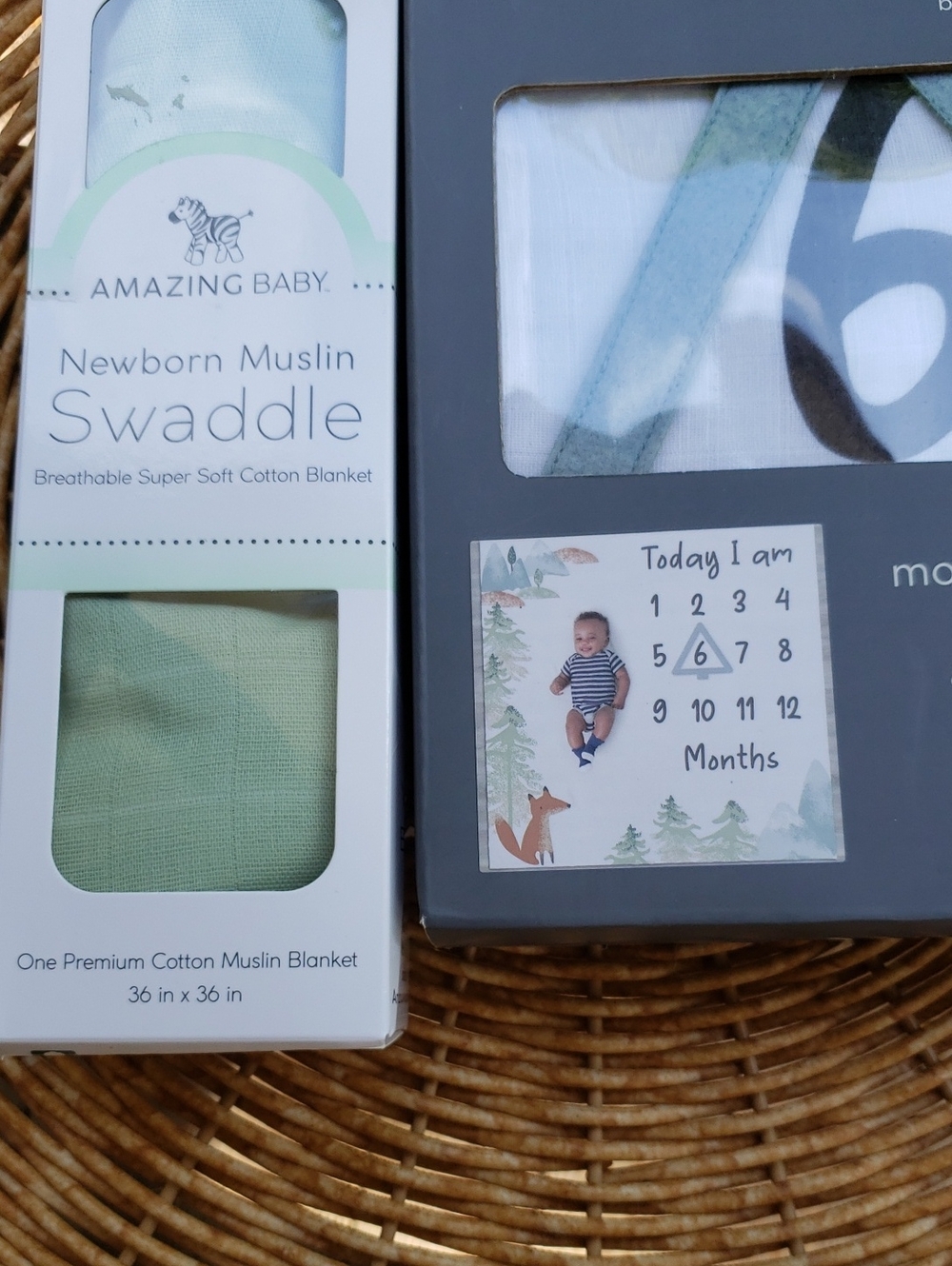 Gerber Monthly Milestone Blanket and Swaddle Set - White, Gray, Green